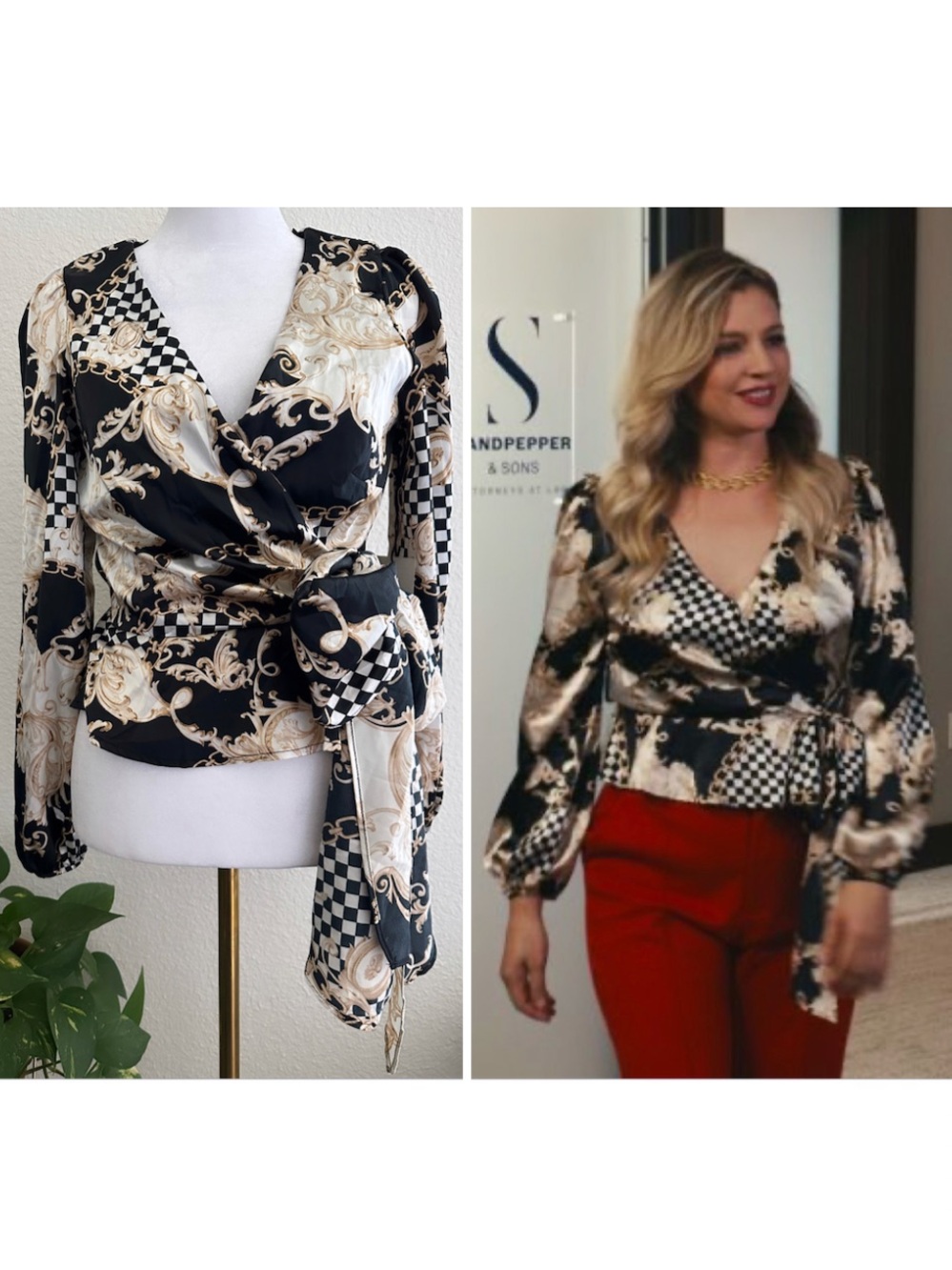 O.L.M OLM Baroque & Checkered Satin Faux Wrap Top NWT Sz. M